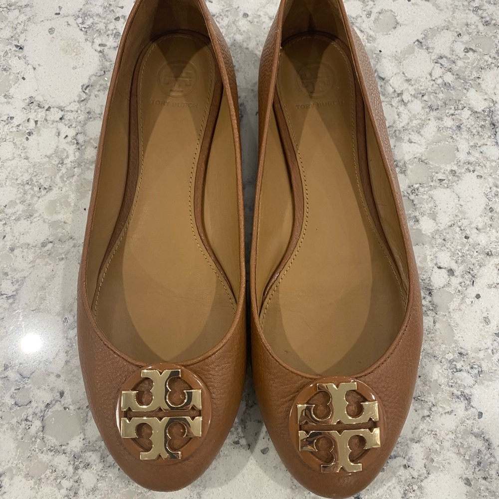 Tory Burch Brown Flats with Gold Logo
